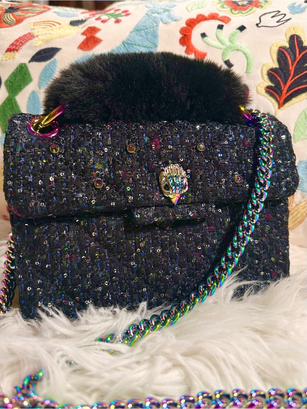 Kurt Geiger • Faux Fur Top Handle Iridescent Sequin Tweed Crossbody Purse